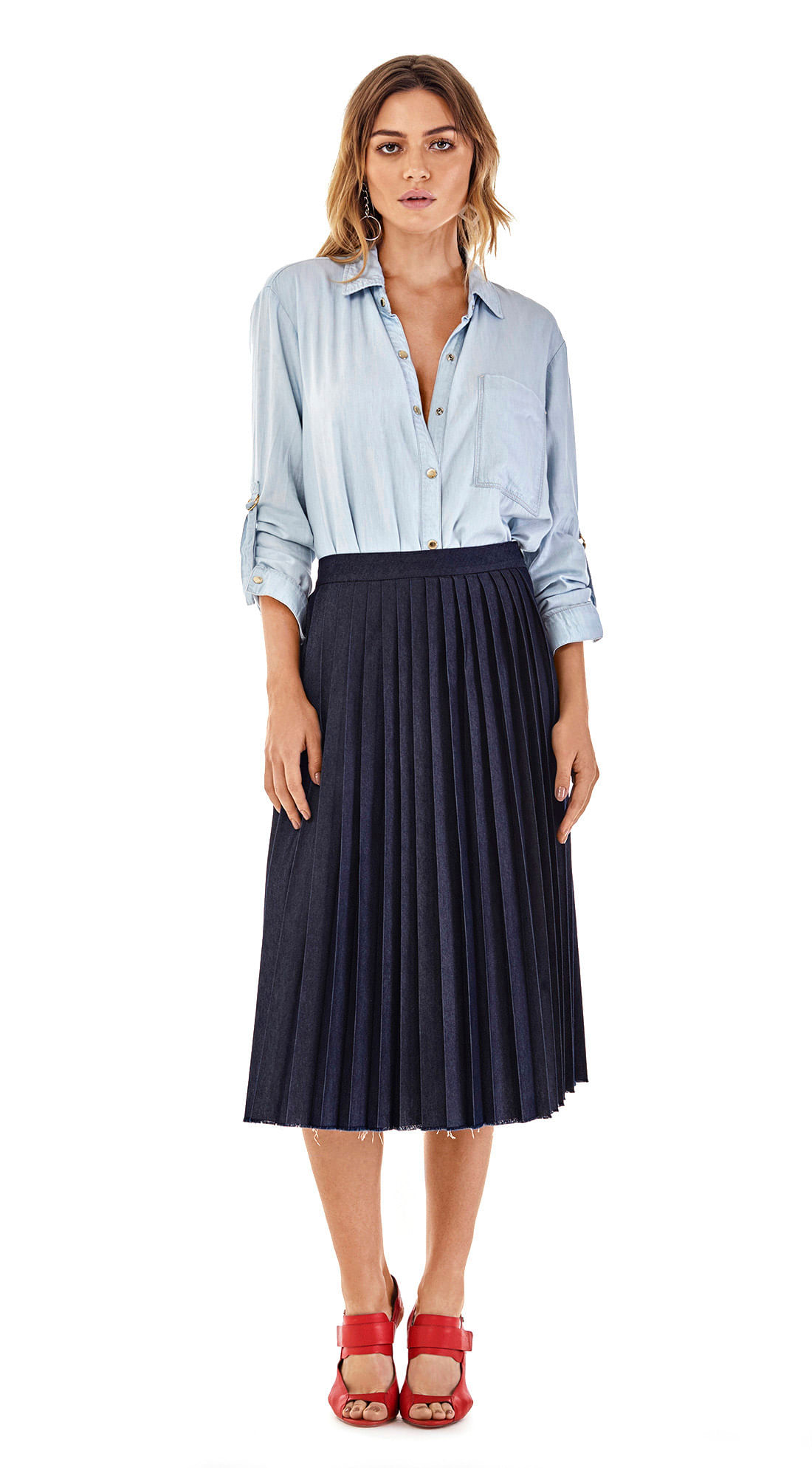 saia jeans midi morena rosa