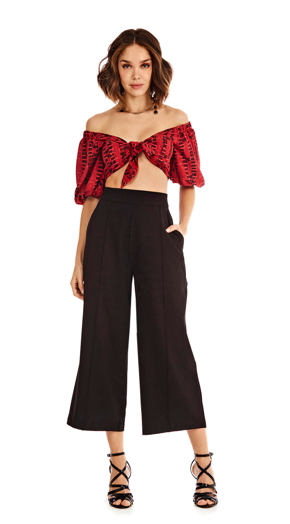 Top Cropped Manga Longa Com Babados Vermelho Morena Rosa